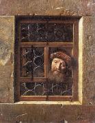 Samuel van hoogstraten Man Looking through a window painting